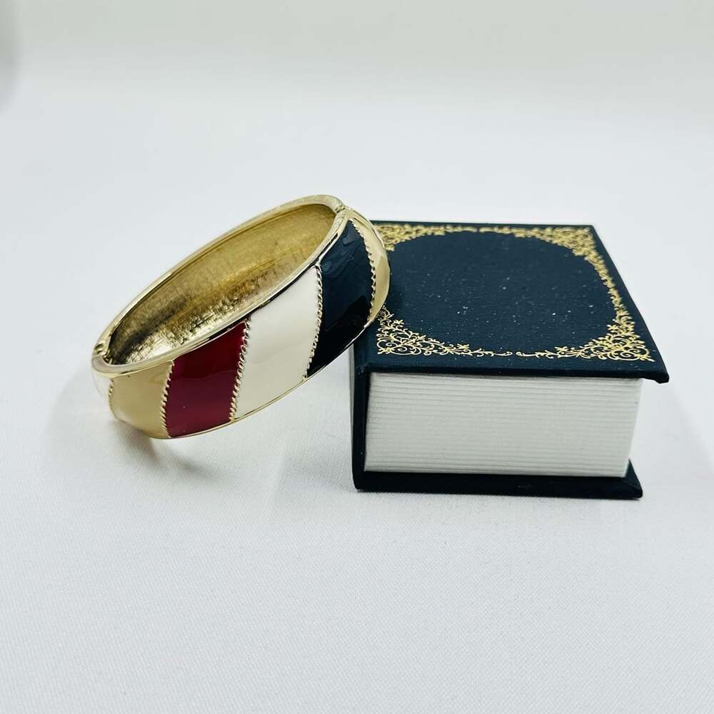 Vintage Gold Tone Enamel Hinged Cuff Bracelet Red White Black Color Block